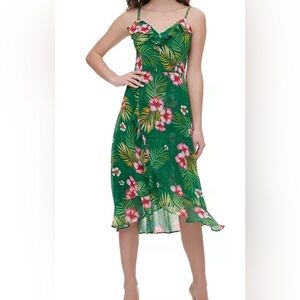 Kensie Green Tropical Print Midi Dress Size 10